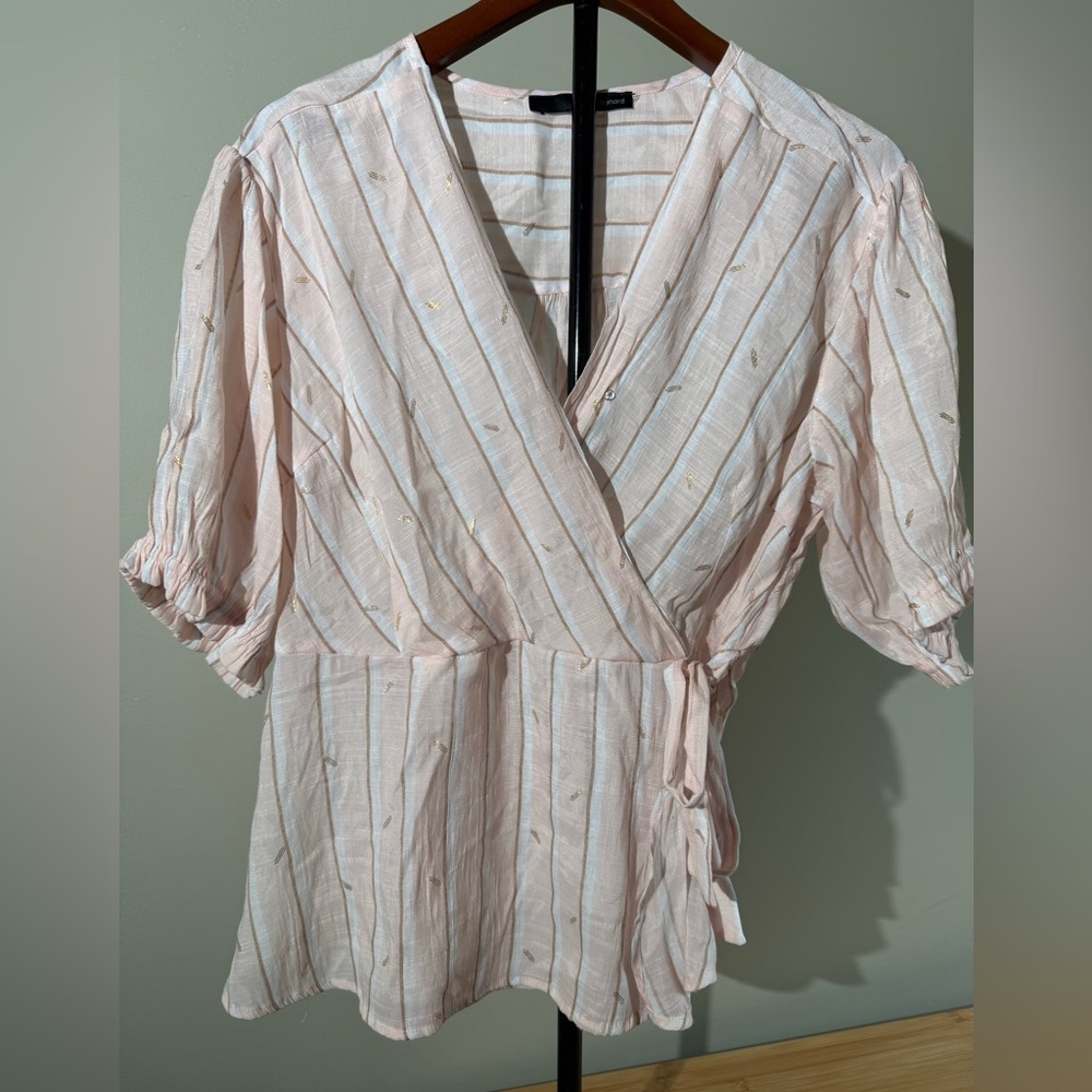 Harve Benard Pink Stiped Puff Sleeve Wrap Blouse